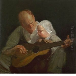 Man And Child With Guitar (portrait Of The Artist's Brother With His Son) by George Luks