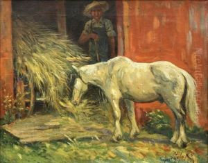 Barnyard Scene With Figure And Horse by George Luks