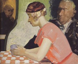 Cafe Scene -a Young Woman In A Pink Dress by George Luks