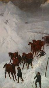 Men And Horses Passing Through An Alpine Pass In Harsh Winter Weather by Charles De Luna