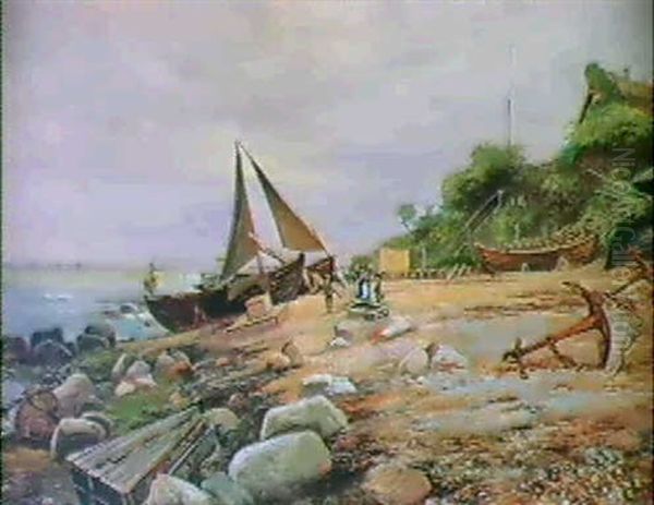 Kystparti, Sceneri Fra Oresund, Pa Stranden Legende Born Mellem Optrukne Bade, I Baggrunden Kobenhavn - view 1