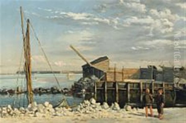 Danish Coastal Scenery With Two Boys At A Harbour - view 1