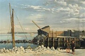 Danish Coastal Scenery With Two Boys At A Harbour by Emil Carl Lund
