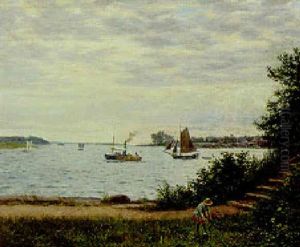 A Coastal Inlet With A Girl Gathering Flowers On A Track by Emil Carl Lund