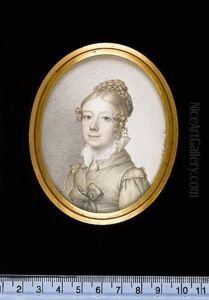 A Young Lady Wearing Yellow Coat With Grey Waistband Tied In A Bow, Upstanding Frilled Collar, Her Hair Plaited And Pinned Back