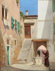View From Venice With A Monk Calling A Woman In A Window by Frederik Christian Lund