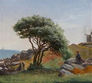Danish Summer Landscape With A Boy Looking Out Towards The Sea by Frederik Christian Lund