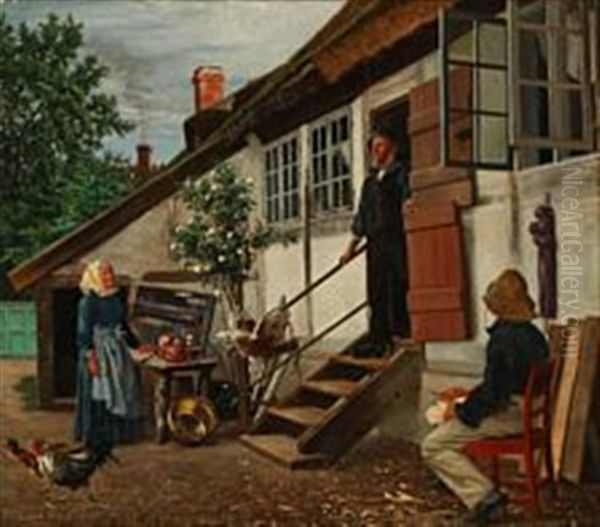 Different Chores Are Being Done In The Courtyard On A Summer's Day - view 1
