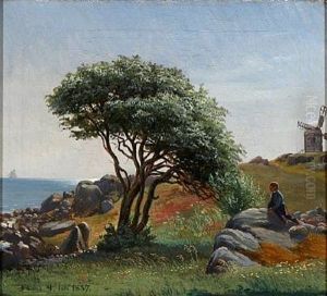 Danish Summer Landscape With A Boy Who Enjoys The View Of The Ocean Sitting On A Cliff by Frederik Christian Lund