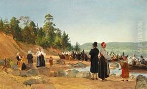 Swedish Churchgoers Arriving By Boat At The Lake Siljan Shore Heading For The Parish Church Of Leksand Swedish Churchgoers Arriving By Boat At The Lake Siljan Shore Heading For The Parish Church Of Leksand