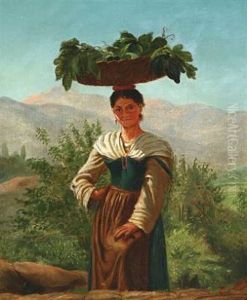 Italian Landscape With A Peasant Woman Carrying A Filled Basket On Her Head