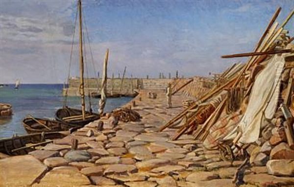 Parti Af Sandvig Havn Paa Bornholm. Eftermiddag. Fiskerne Gaae I Vrag - view 1