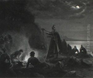 M+nebelyst Landskab Med Vikinger Omkring B+let