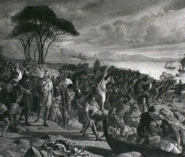 Nordiske Vikinger, Som Have Gjort Strandhugst Pa En Sydeuropaeisk Kyst, Vende Tilbage Til Skibene Med Deres - view 1