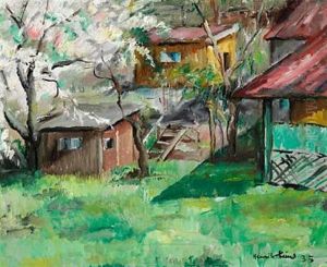 Garden Motif With Outhouses And Flowering Trees by Henrik Lund