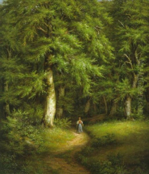 Junge Frau Mit Weidenkorb Am Eingang Des Waldes - view 1