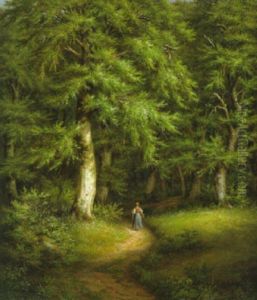 Junge Frau Mit Weidenkorb Am Eingang Des Waldes by Johann Ludwig Gebhard Lund