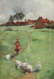 A British Landscape With A Girl And Geese by Niels Moeller Lund