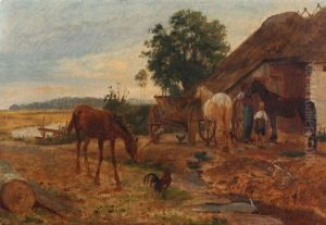 Farm Scene With An Anxious Foal Approaching A Cock