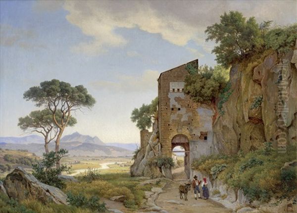 Idyllische Vormittagszene Vor Dem Eingangstor Von Civita Castellana, Im Hintergrund Der Monte Soracte - view 1