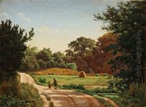 Danish Summer Landscape With An Old Man And A Little Girl On The Country Road by Anders Christian Lunde