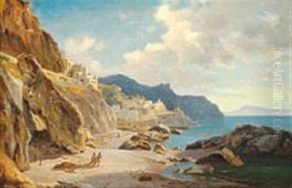 Coastal Scene From Amalfi With Fishermen And Bathers - view 1