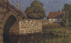 Stenbro Over Vattendrag - Sommarmotiv Med Gard Stenbro Over Vattendrag - Sommarmotiv Med Gard