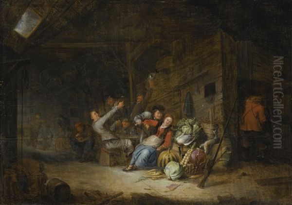 A Barn Interior With Figures Drinking Around A Table - view 1