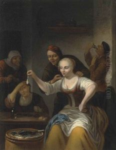 A Barn Interior With A Woman Seated Holding Up An Opened Clam And Other Figures Gathered Around The Table And A Barrel