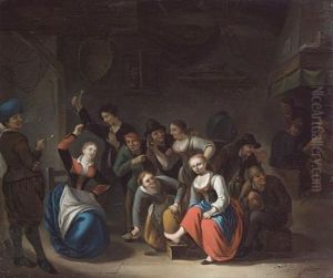 An Interior With Figures Playing La Main Chaud by Gerrit Lundens