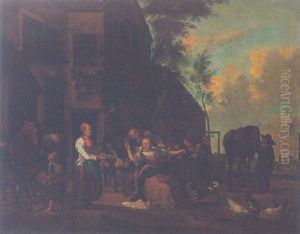 Figures Resting Before An Inn by Gerrit Lundens