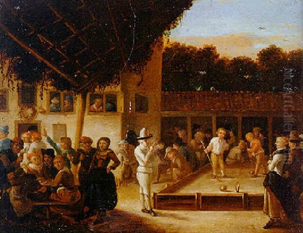 Figures Playing Bowls And Skittles In The Courtyard Of An Inn - view 1