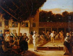 Figures Playing Bowls And Skittles In The Courtyard Of An Inn
