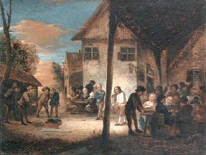 A Courtyard Scene At The Swann Inn With Peasants Carousing And Playing Bowls by Gerrit Lundens