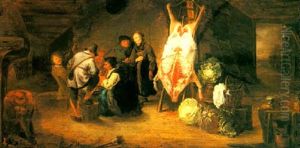 Peasants Drinking In A Barn By A Pig's Carcass by Gerrit Lundens