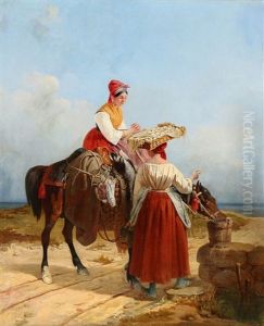 Two Young Peasant Women Watering The Horse On The Way To Market by Theodor Lundh