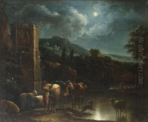 A Peasant With His Flock By A Ford By Moonlight