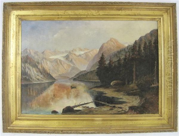 Mountain Landscape With Indians In Canoe On Lake - view 1