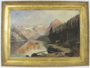 Mountain Landscape With Indians In Canoe On Lake