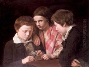 Portrait Of The Artist's Three Children Playing At A Table by Anders Lundquist