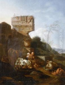 Shepherd Couple With Flock Before A Landscape With Ruins by Nicolaes Berchem