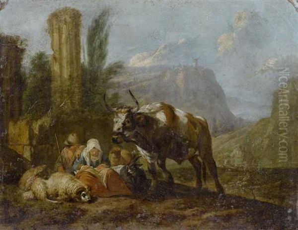 Herdsman And Woman With Cattle In A Landscape - view 1