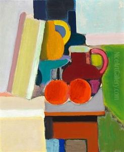 Opstilling. Gul Kande, Rod Kande, Flaske, Opsats Og To Appelsiner (still Life. Yellow Pitcher, Red Pitcher, Bottle, Centerpiece And Two Oranges by Vilhelm Lundstrom