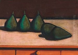 Fem Gronne Paerer Pa Et Rodt Bord Med Skuffe (five Green Pears On A Table)