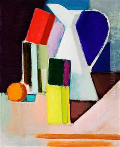 Still Life With An Orange, A Stack Of Paper Rolls, Boxes And A Tall, White Pitcher - view 1
