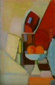 Opstilling Med Boger, Aesker, Papirruller Og Hvid Opsats Med To Appelsiner. Omkr. 1949 by Vilhelm Lundstrom