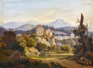 Flusslauf Im Gebirge Mit Burganlage Und Stadt by Hermann Lungkwitz