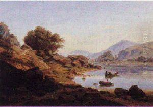 Berglandskab Med I Forgrunden Bjergso Med Haetteklaedt Kvinde I Robad Samt Figurer Pa En Sti by Hermann Lungkwitz