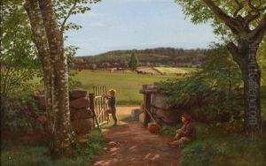Two Children By A Gate Opening On To A Field by Agnes Cathinka Vilhelmine Lunn