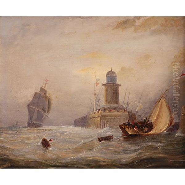 A Ship Coming Into Harbour With A Lighthouse On The Harbour Wall - view 1